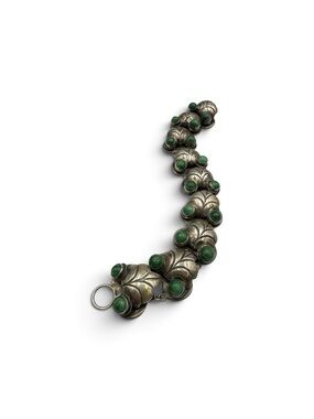 Vintage 1940s Mexico Sterling Silver Green Stone Leaf Bracelet 8” 47g
